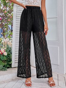 High Waist Lace Wide Leg Trousers - Black - View 5