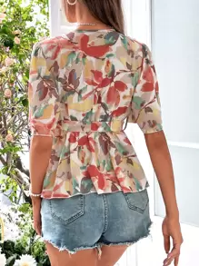 SHEIN Holidaya 植物印花交疊領蝴蝶袖腰帶襯衫 - 彩色 - 查看 2