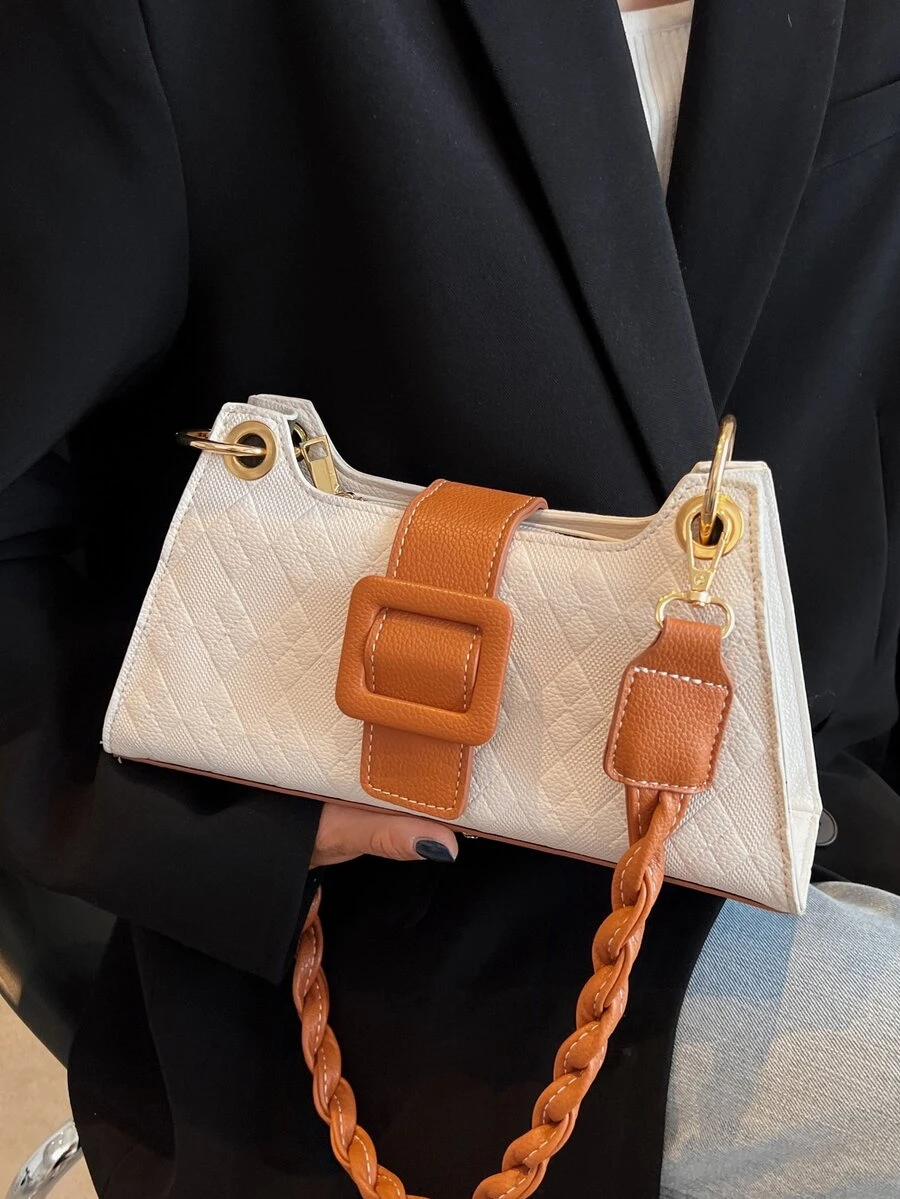 Buckle Decor Embossed Detail Bag - Beige - View 1