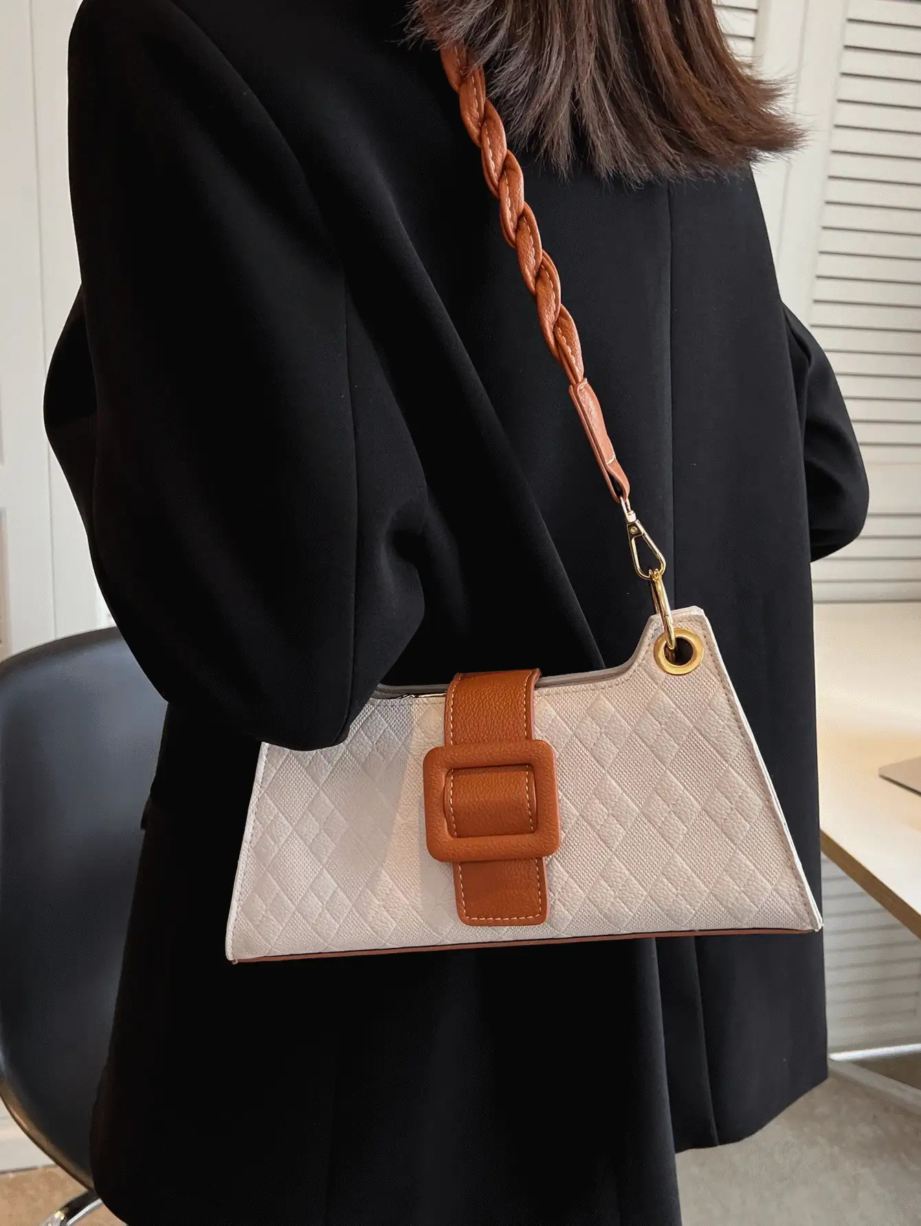 Buckle Decor Embossed Detail Bag - Beige - View 2