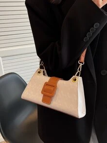 Buckle Decor Embossed Detail Bag - Beige - View 4