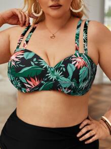 SHEIN Swim Curve Plus Tropical Print Cut Out Back Push Up Bikini Top, For Summer Beach Vacation - Multicolor - View 1