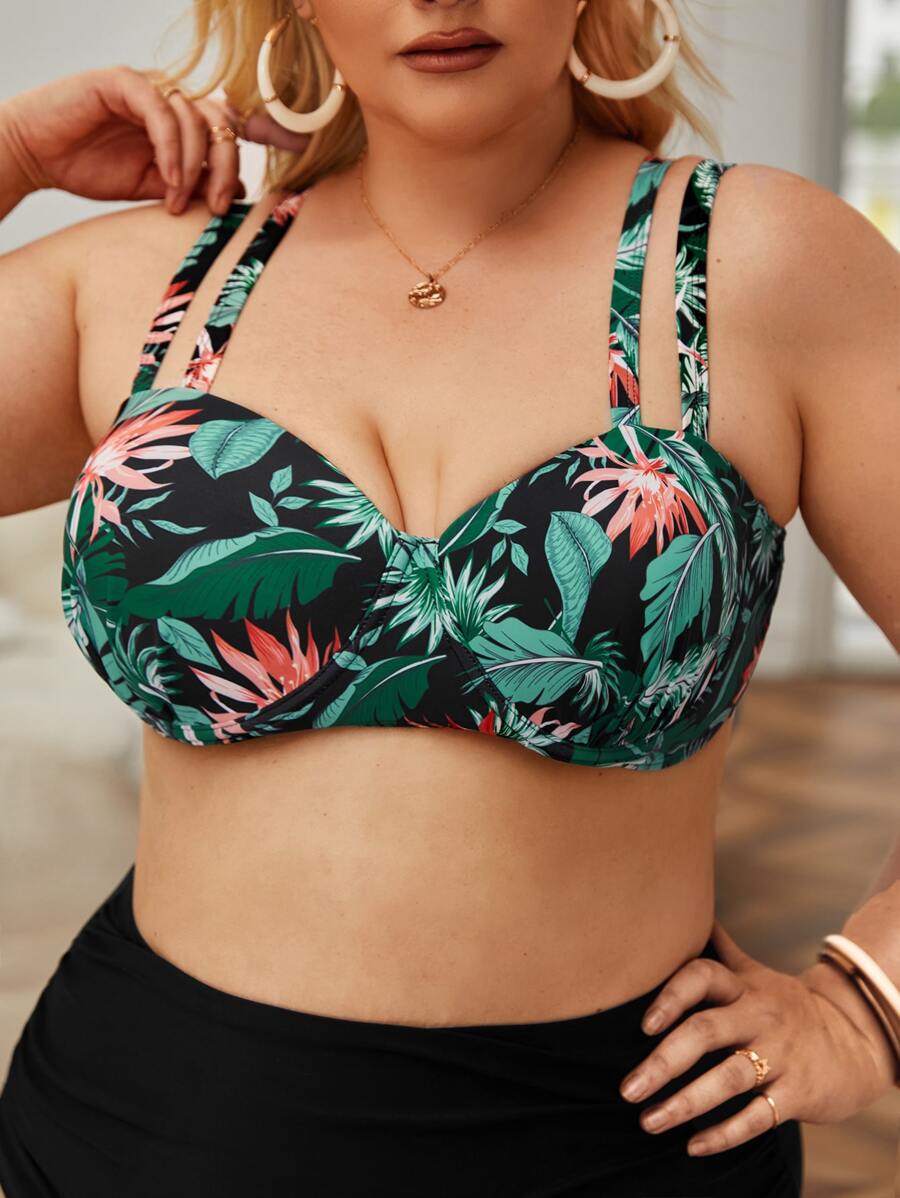 SHEIN Swim Curve Plus Tropical Print Cut Out Back Push Up Bikini Top, For Summer Beach Vacation - Multicolor - View 1