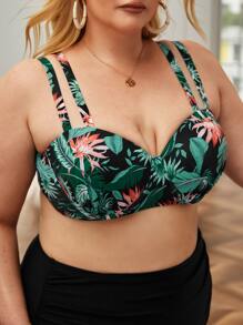 SHEIN Swim Curve Plus Tropical Print Cut Out Back Push Up Bikini Top, For Summer Beach Vacation - Multicolor - View 3