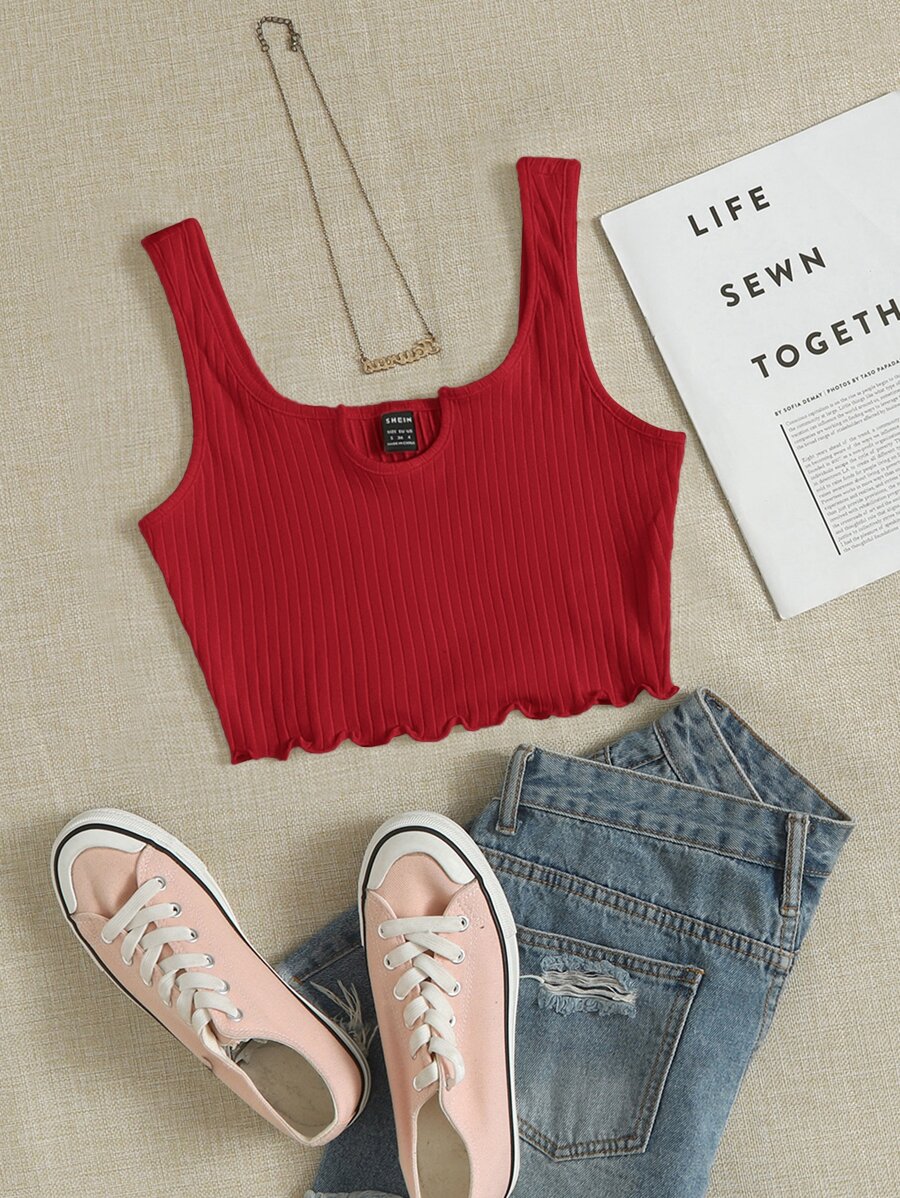 SHEIN EZwear Top tank corto tejido de canalé de cuello V - Burdeos - Ver 1