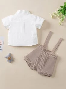 Baby Boy Bow Front Shirt & Textured Pinafore Knit Shorts - Multicolor - View 2