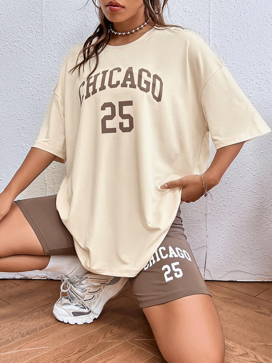 SHEIN Unity Letter Graphic Drop Shoulder Tee & Biker Shorts - Multicolor - View 1