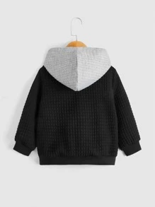 SHEIN 小男童拉鍊拼接帽子夾克 - 黑色 - 查看 2