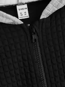 SHEIN 小男童拉鍊拼接帽子夾克 - 黑色 - 查看 4