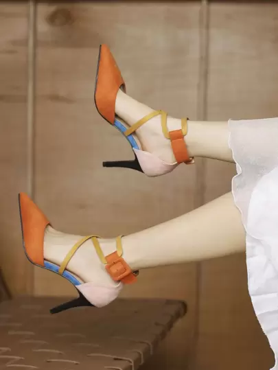 秋冬橙色尖头镂空高跟鞋、黑色麂皮高跟鞋、撞色搭扣高跟鞋、马卡龙色拼接高跟鞋、紫红色公主高跟鞋，优雅派对风