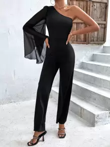Chiquease One Shoulder Trumpet Sleeve Jumpsuit - Black - View 5