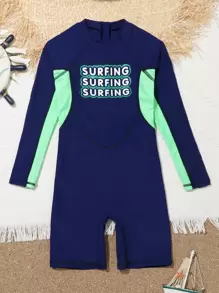 Boys Color Block Letter Graphic Zipper Back One Piece Swimsuit - Multicolor - View 1