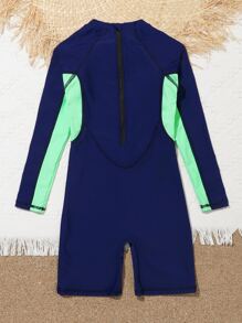 Boys Color Block Letter Graphic Zipper Back One Piece Swimsuit - Multicolor - View 2