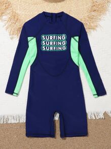 Boys Color Block Letter Graphic Zipper Back One Piece Swimsuit - Multicolor - View 3