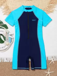 Boys Color Block Letter Graphic Zipper Front One Piece Swimsuit - Multicolor - View 1