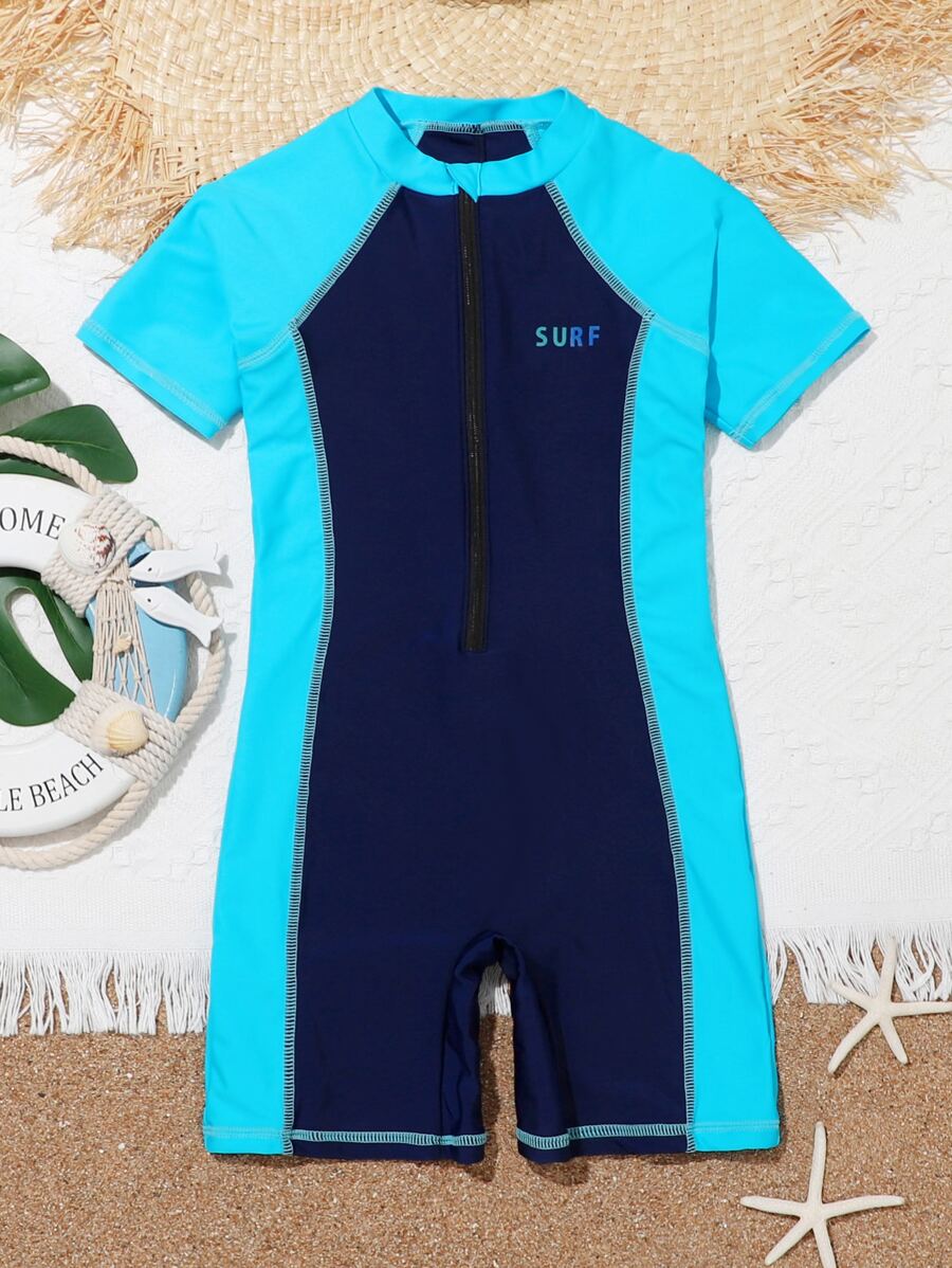Boys Color Block Letter Graphic Zipper Front One Piece Swimsuit - Multicolor - View 1