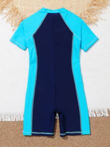 Boys Color Block Letter Graphic Zipper Front One Piece Swimsuit - Multicolor - View 2