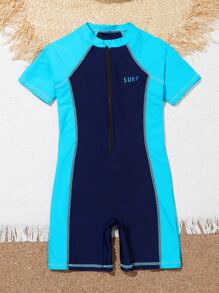 Boys Color Block Letter Graphic Zipper Front One Piece Swimsuit - Multicolor - View 3