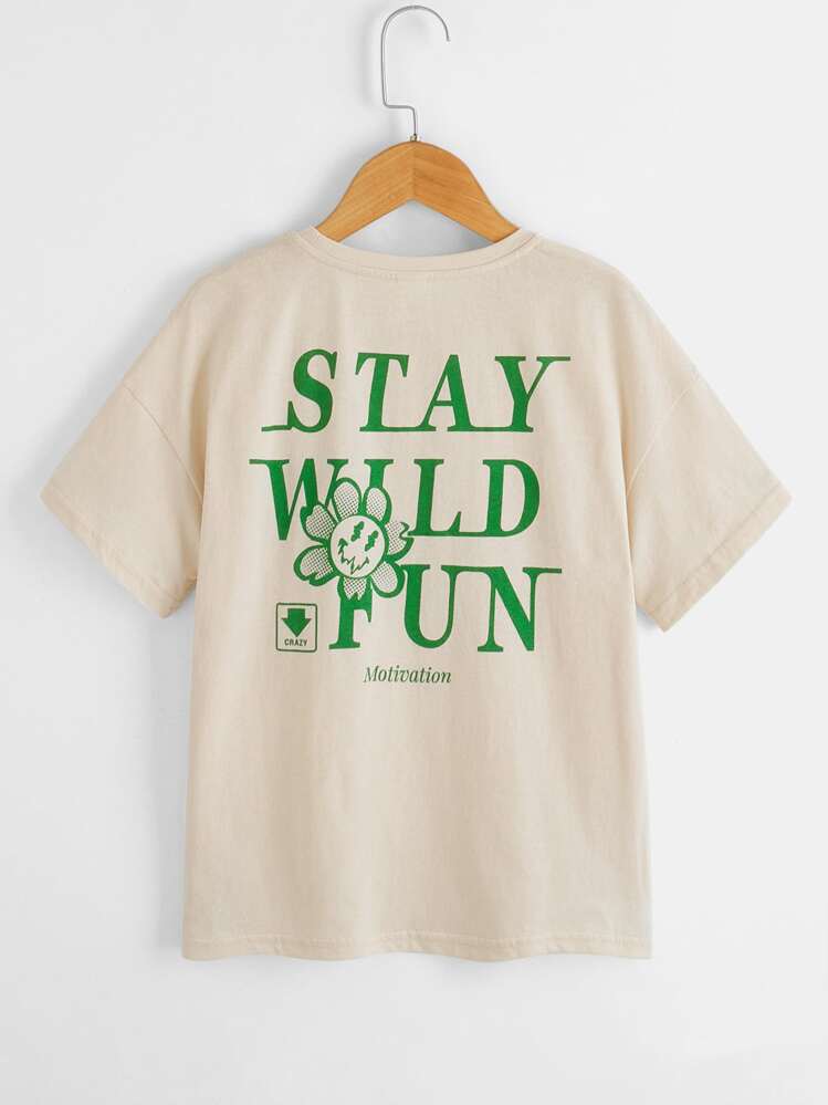 SHEIN Camiseta De Manga Caída Con Lema Y Gráfico De Dibujos Animados Para Niñas Adolescentes - Albaricoque - Añade 1