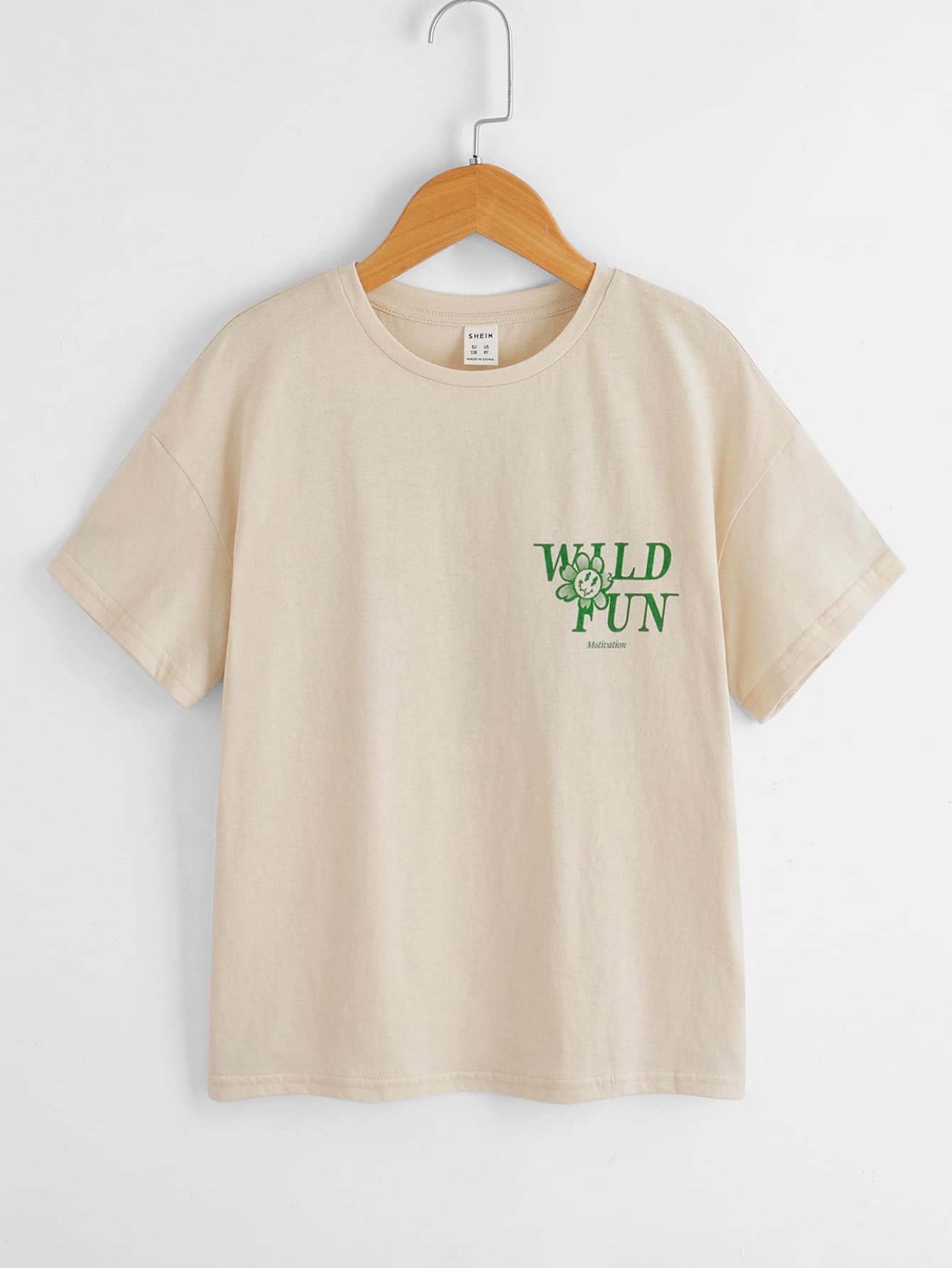 SHEIN Camiseta De Manga Caída Con Lema Y Gráfico De Dibujos Animados Para Niñas Adolescentes - Albaricoque - Añade 2