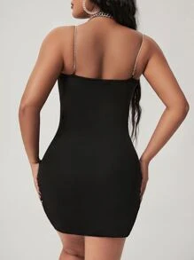 SHEIN SXY Đầm Pha lê kim cương Xù Trọn gói màu trơn Gợi cảm - màu đen - Xem 2