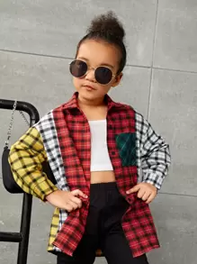 SHEIN Cô Gái Trẻ Khối màu Vải len vuông Đã vá Túi Thả vai Áo sơ mi - Nhiều màu - Xem 1