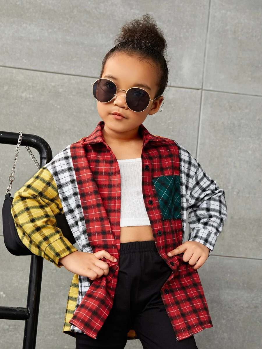 SHEIN Cô Gái Trẻ Khối màu Vải len vuông Đã vá Túi Thả vai Áo sơ mi - Nhiều màu - Xem 1