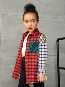 SHEIN Cô Gái Trẻ Khối màu Vải len vuông Đã vá Túi Thả vai Áo sơ mi - Nhiều màu - Xem 3