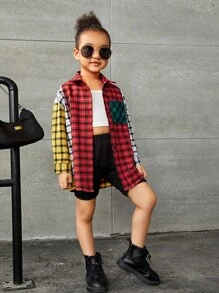 SHEIN Cô Gái Trẻ Khối màu Vải len vuông Đã vá Túi Thả vai Áo sơ mi - Nhiều màu - Xem 4