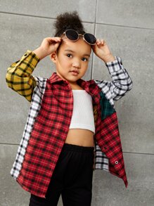 SHEIN Cô Gái Trẻ Khối màu Vải len vuông Đã vá Túi Thả vai Áo sơ mi - Nhiều màu - Xem 5