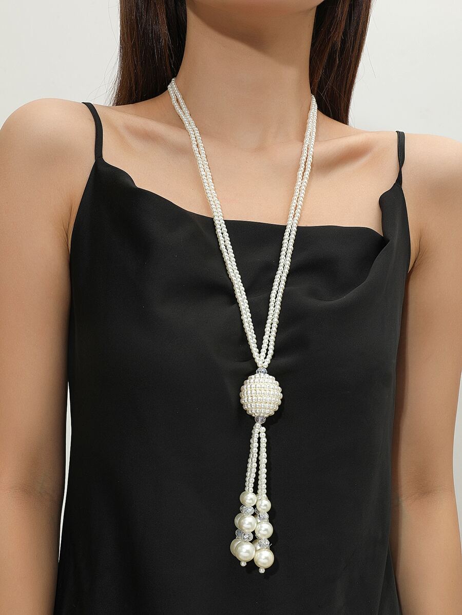 Collar De Lariat Y Con De Perlas Sintéticas - Blanco - Ver 1