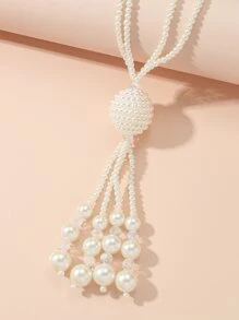 Collar De Lariat Y Con De Perlas Sintéticas - Blanco - Ver 2