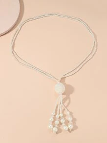 Collar De Lariat Y Con De Perlas Sintéticas - Blanco - Ver 3