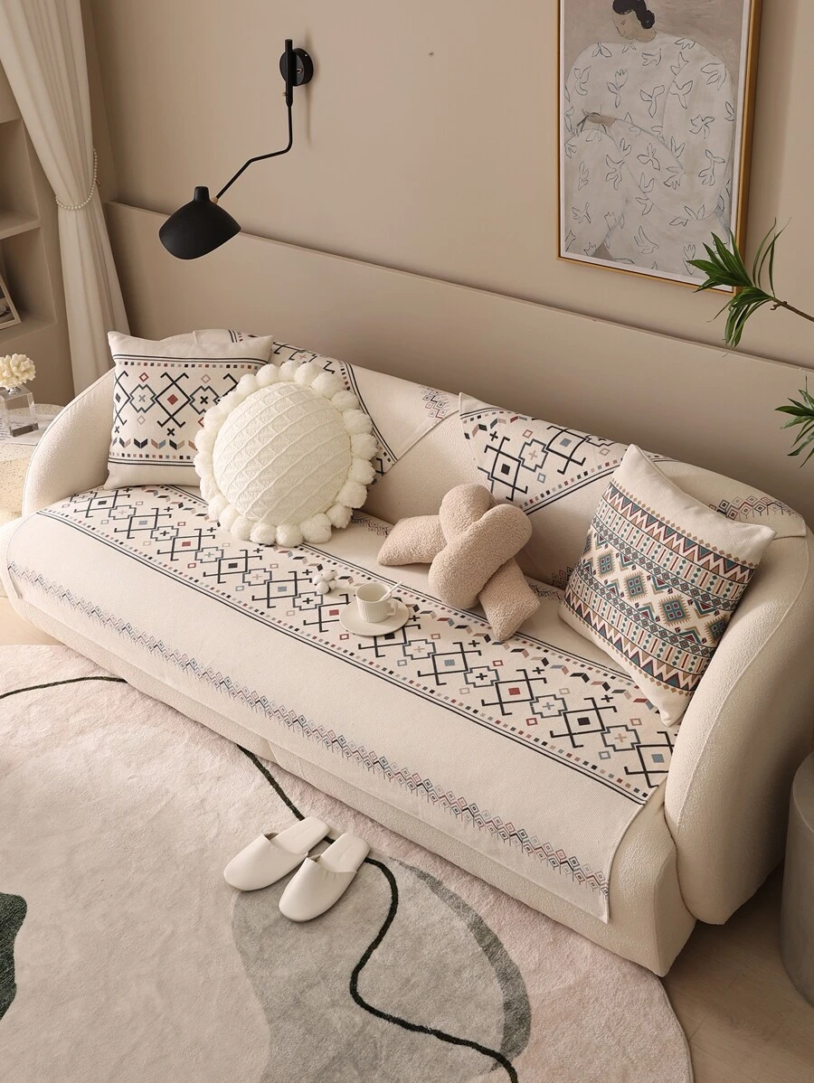 1pc Bohemian Style Printed Sofa Cushion Cover, Sofa Protector Slip Cover, 1/2/3/4 Seater With Backrest And Armrest, All Season & Pet Friendly