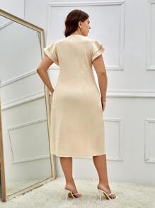 SHEIN Privé Plus Layered Sleeve Plicated Detail Single Breasted Dress - Apricot - View 2