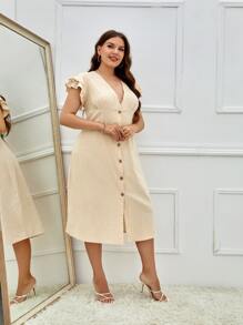 SHEIN Privé Plus Layered Sleeve Plicated Detail Single Breasted Dress - Apricot - View 4