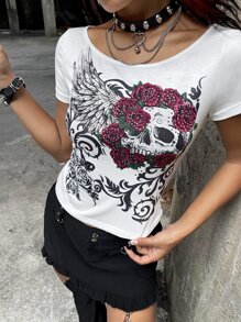 ROMWE PUNK Áo thun nữ Hoa Lễ Các Thánh Giải trí - trắng - Xem 1