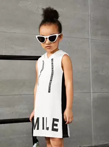 SHEIN 小女童字母圖案連帽背心連衣裙 - 白色 - 查看 4