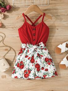 SHEIN Young Girl Floral Print Crisscross Back Belted Cami Romper - Red and White - View 1