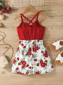 SHEIN Young Girl Floral Print Crisscross Back Belted Cami Romper - Red and White - View 2