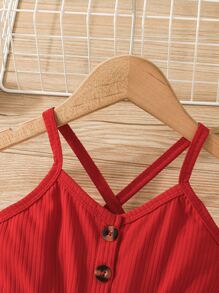 SHEIN Young Girl Floral Print Crisscross Back Belted Cami Romper - Red and White - View 3