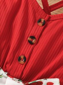 SHEIN Young Girl Floral Print Crisscross Back Belted Cami Romper - Red and White - View 4