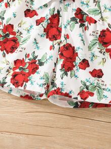 SHEIN Young Girl Floral Print Crisscross Back Belted Cami Romper - Red and White - View 5