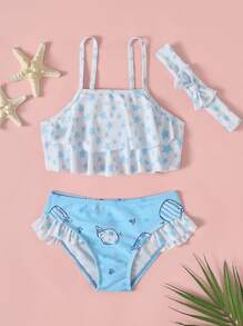 Conjunto de bikini con volantes con gráficos de estrellas y dibujos animados en capas para niña pequeña, verano playa - Azul y blanco - Ver 3