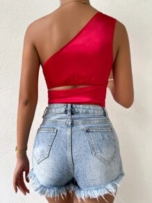 Chiquease One Shoulder Tie Side Satin Top - Red - View 2