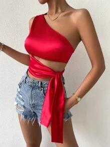 Chiquease One Shoulder Tie Side Satin Top - Red - View 4