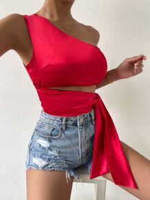 Chiquease One Shoulder Tie Side Satin Top - Red - View 5