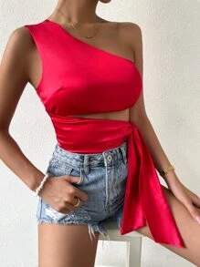 Chiquease One Shoulder Tie Side Satin Top - Red - View 6
