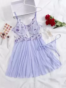 Plus Floral Embroidered Mesh Slips With Thong - Lilac Purple - View 1