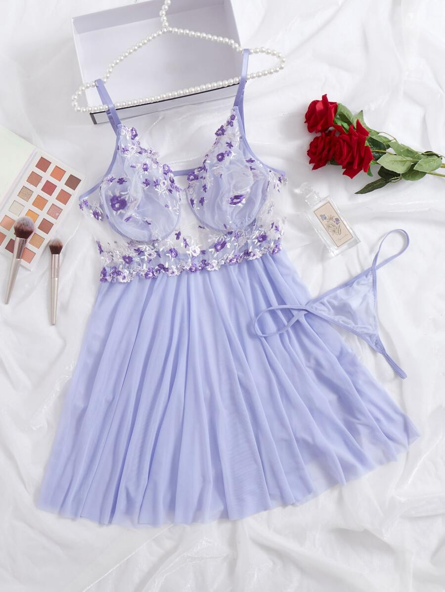 Plus Floral Embroidered Mesh Slips With Thong - Lilac Purple - View 1